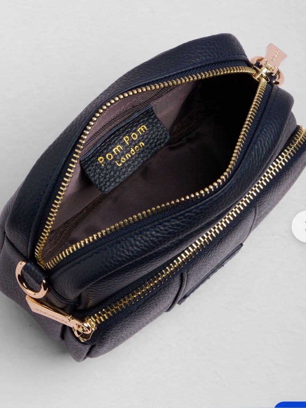 POM POM LONDON original mini bag, Navy leather w/ 2 straps